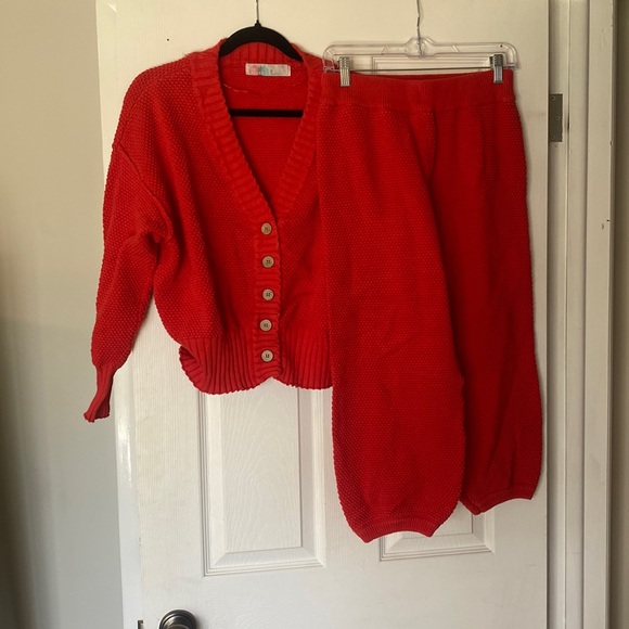 Free People Other - Free People Beach Cozy Red Knit Cardigan and Pants Set